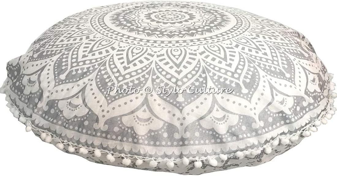 Stylo Culture Cojín de meditación indio para piso, diseño de mandala, funda de cojín impresa plateada, 32 x 32 pulgadas, decoración redonda decorativa grande, para asiento, asiento de tuffet, funda de