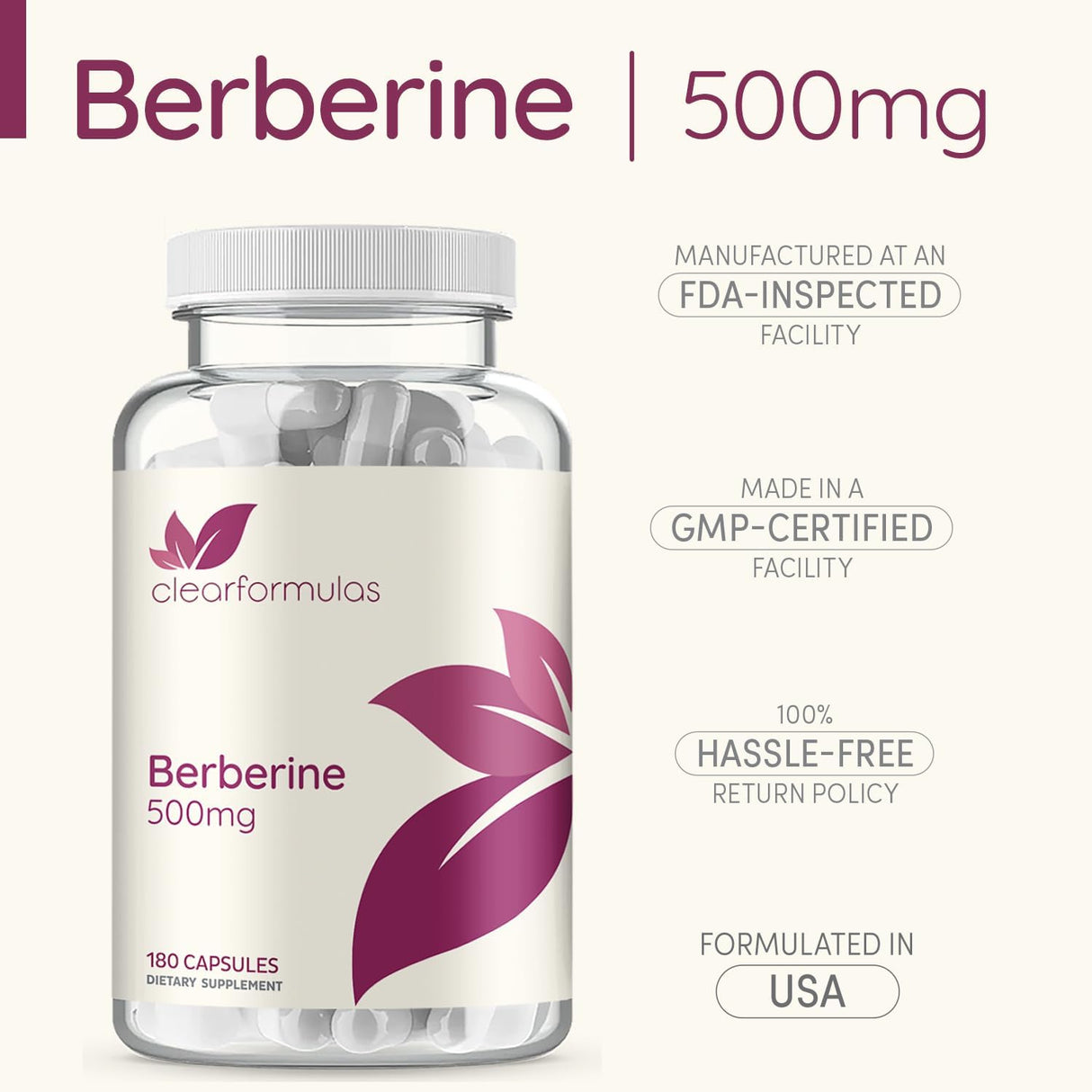 Suplemento de Berberina 500mg - 180 Cápsulas Vegetales