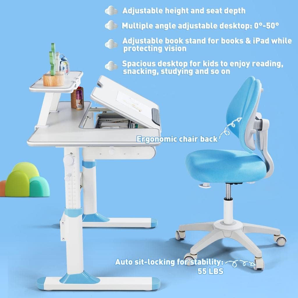 Escritorio y Silla Ajustables para Niños, Ergonómicos y con Cajón