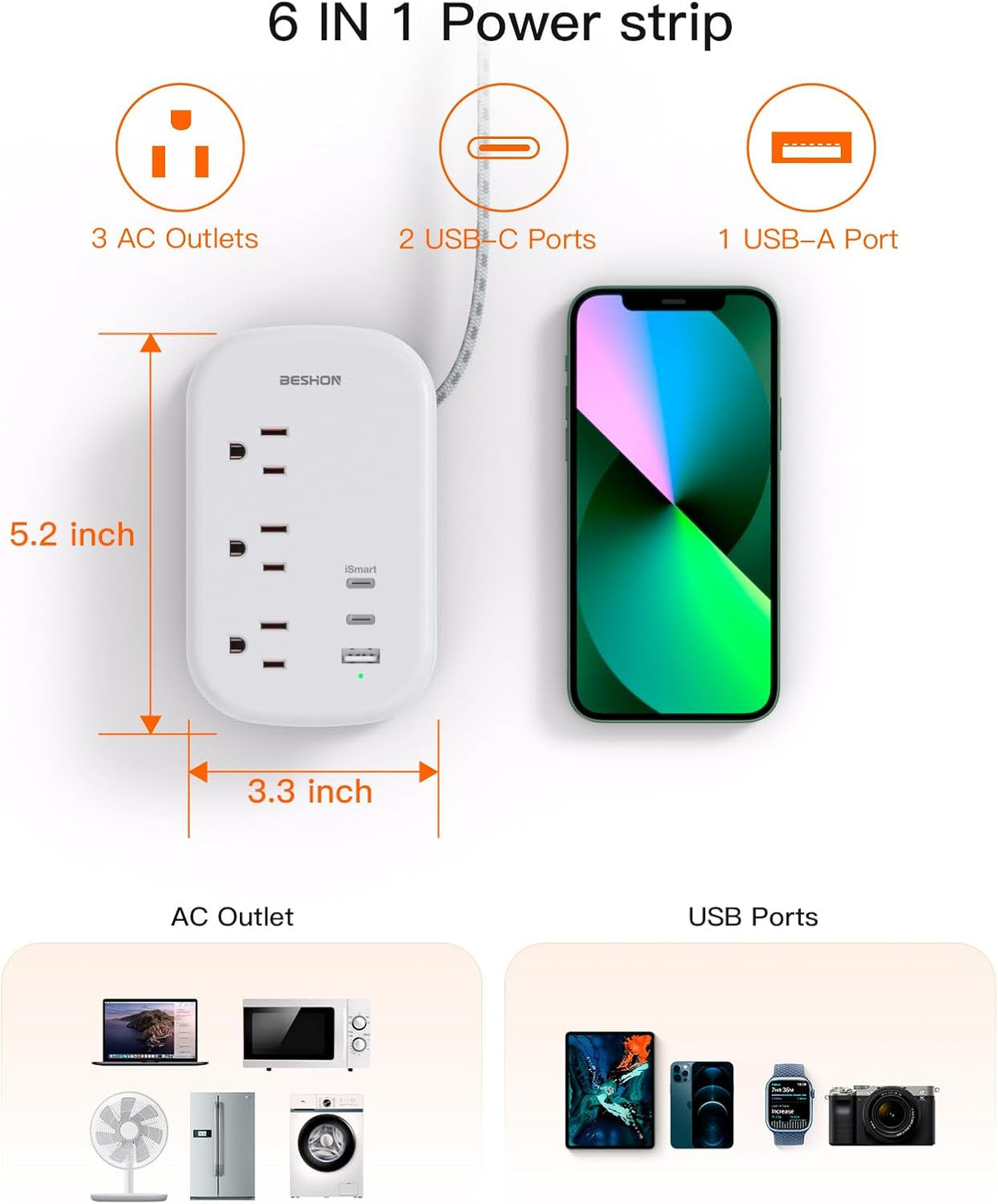 Tira de alimentación USB C de viaje, cable de extensión ultra plano, regleta de alimentación de enchufe plano, 3 salidas con 3 puertos USB (2 USB C), cable de extensión envuelto de 3.2 pies para