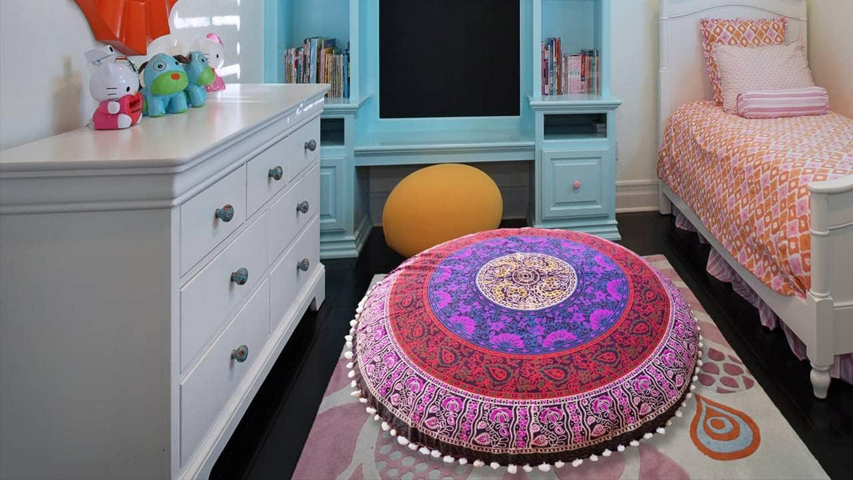 Funda bohemia para cojín, de 32 pulgadas, con diseño de mandala, para meditación, decorativa, otomana, grande, para exteriores, decoración del hogar, decoración de arte en el hogar, redonda, con pompones de algodón, cómoda