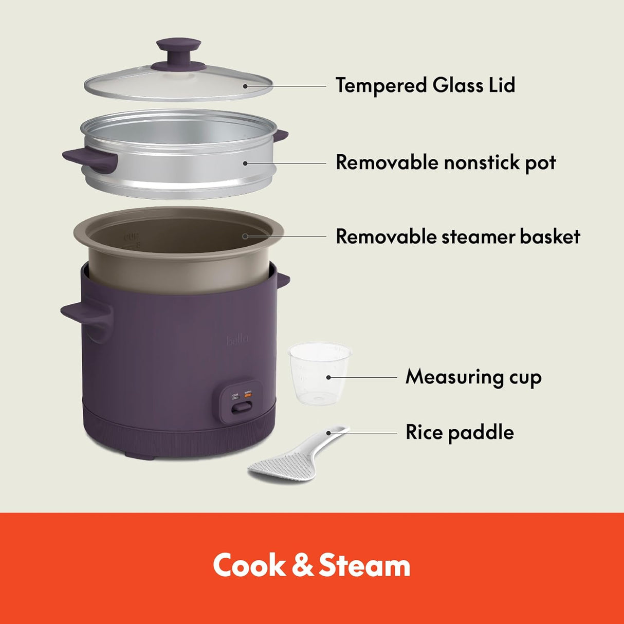 Arrocera Bella 16 tazas con vaporera, función mantener caliente