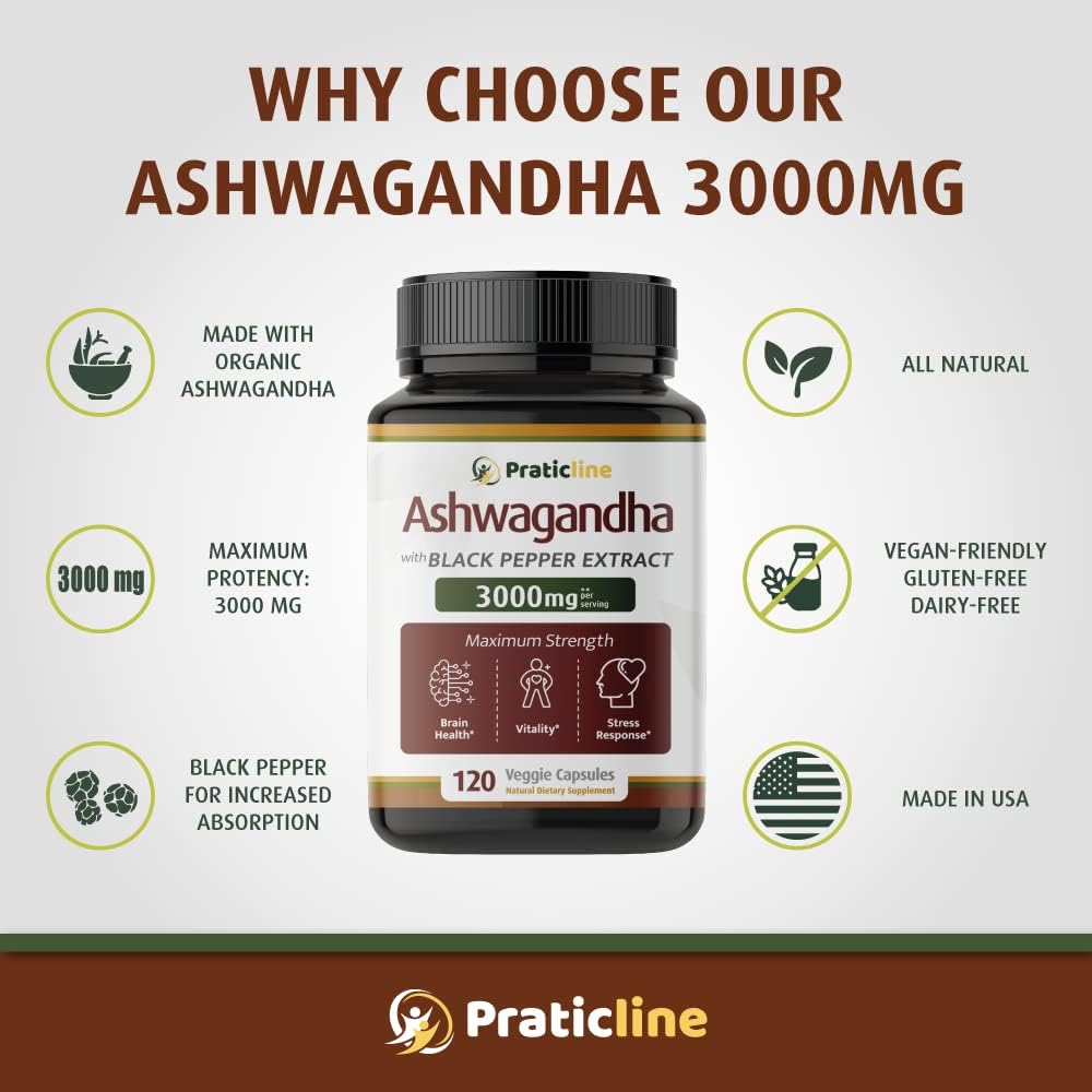 Cápsulas de Ashwagandha 3000 mg - Veganas, Orgánicas, 120 Cap