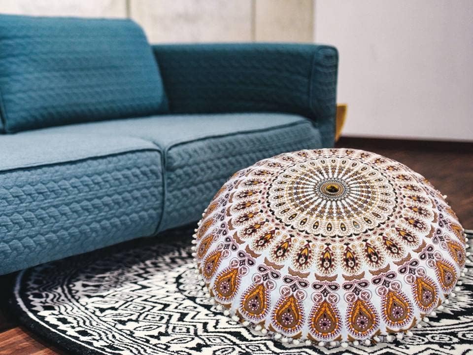 Funda bohemia para cojín, de 32 pulgadas, con diseño de mandala, para meditación, decorativa, otomana, grande, para exteriores, decoración del hogar, decoración de arte en el hogar, redonda, con pompones de algodón, cómoda