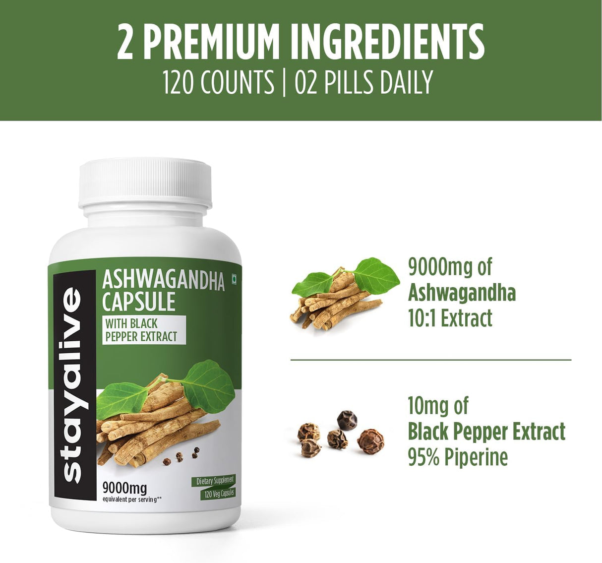 Cápsulas de Extracto de Ashwagandha, 9010MG, 120 Vegan Pills