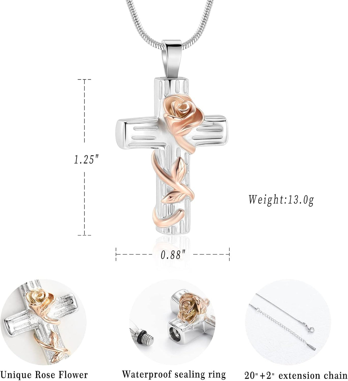 Collar de cenizas, rosa, cruz de cremación, conmemorativo