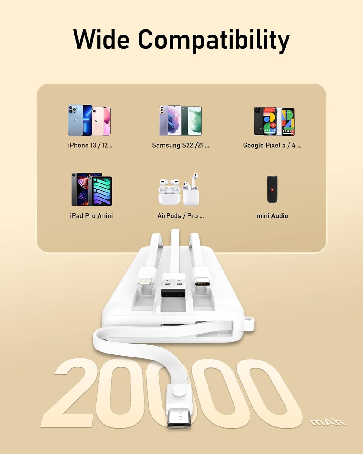 Cargador portátil con cables integradosde gran capacidad