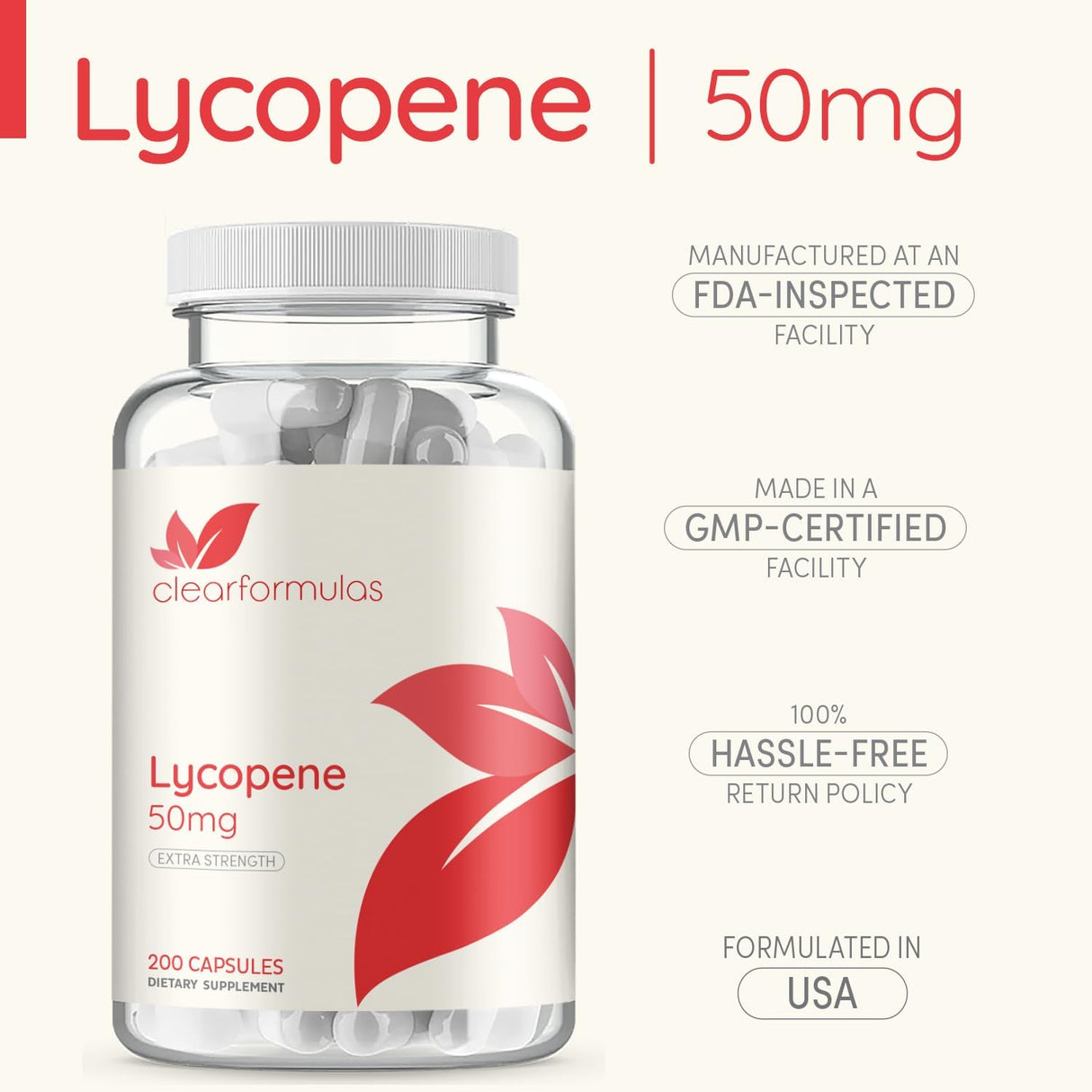 Licopeno 50mg, 200 cápsulas vegetarianas, sin OMG/gluten