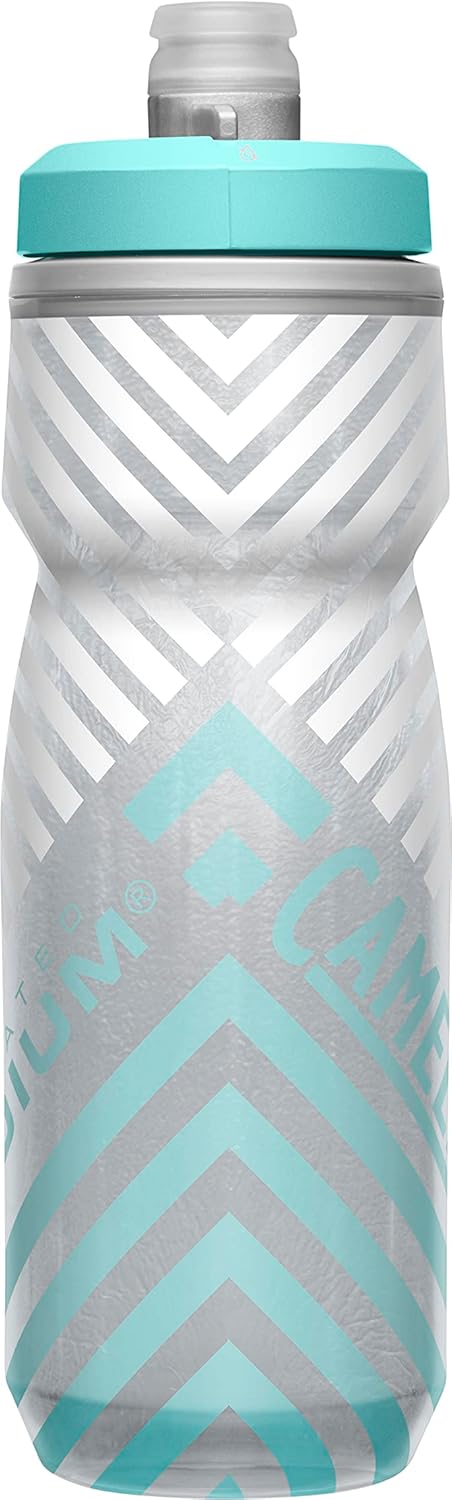 CamelBak Podium Chill Botella de agua aislada para bicicleta, botella fácil de apretar, se adapta a la mayoría de jaulas de bicicleta, 21 onzas, rayas gris/verde azulado