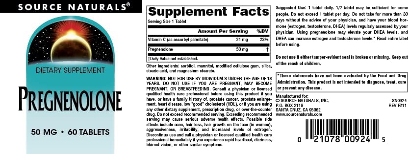 Suplemento Pregnenolona 50mg - Source Naturals, 60 Tabletas