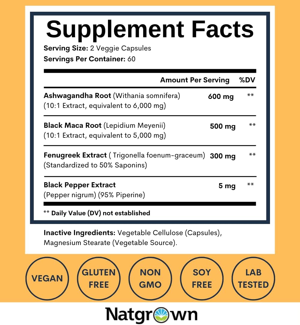 Suplemento Natgrown Ashwagandha, Maca, Fenogreco, 120 cápsulas
