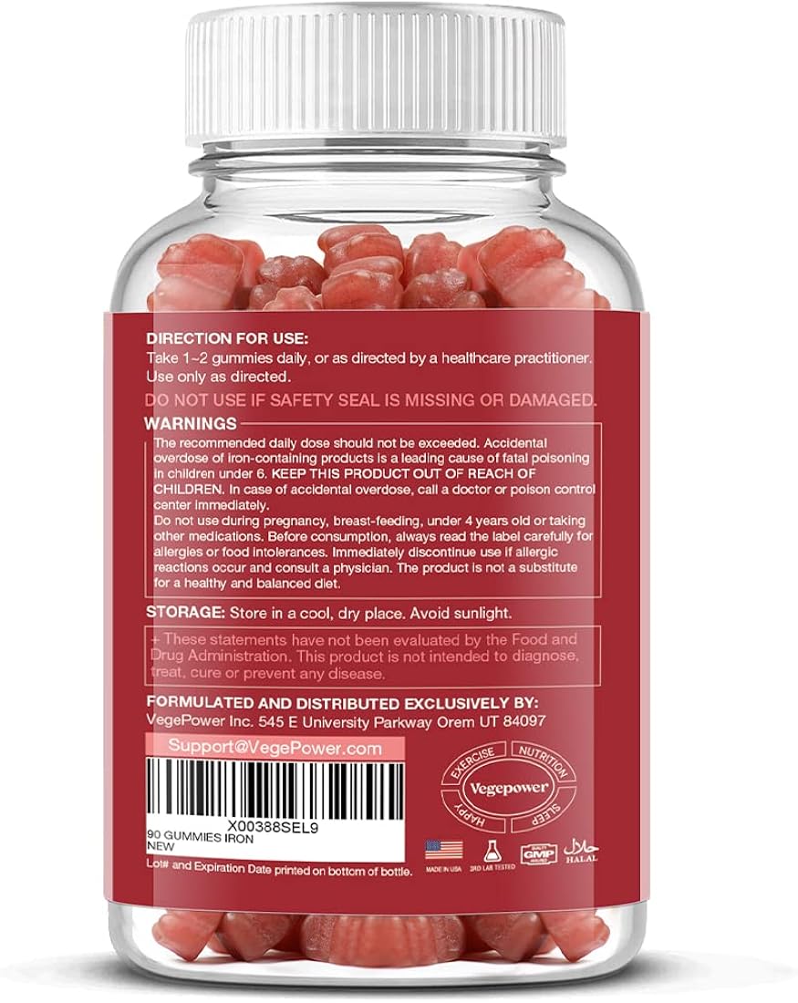 Suplemento de gomitas de hierro veganas, con vitamina C, A
