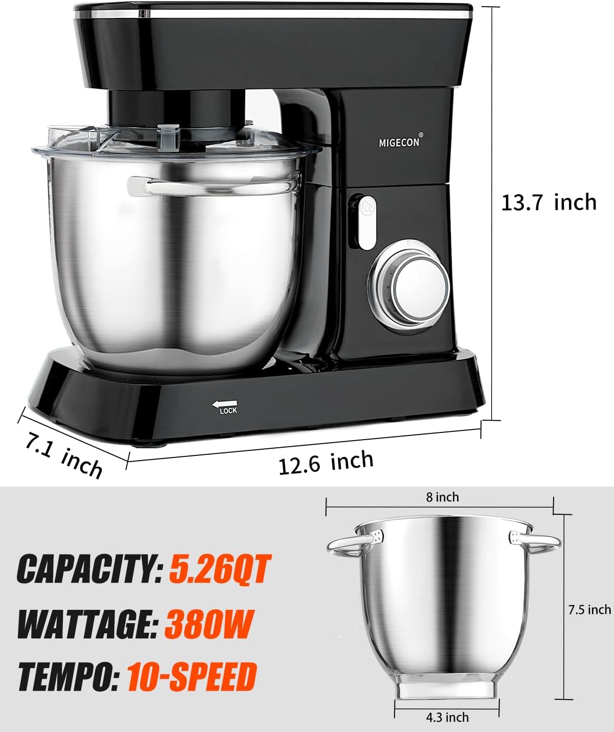 Batidora de pie MIGECON, 5.26 QT, 10 velocidades, acero inoxidable