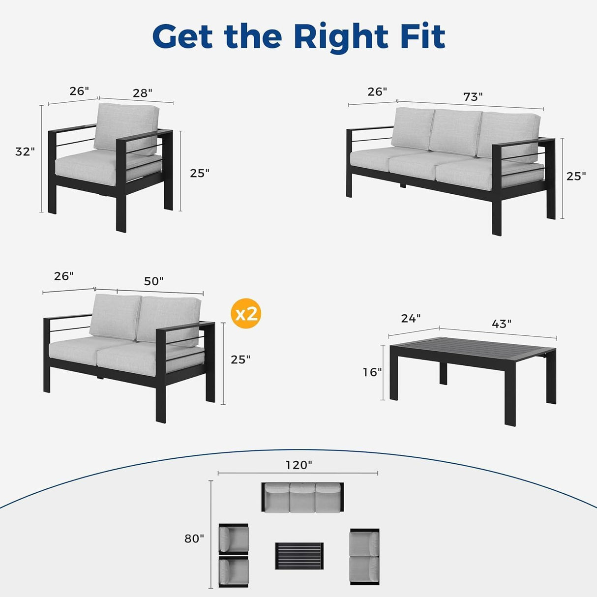 Wisteria Lane Juego de muebles de aluminio para patio, juego de conversación al aire libre, sofá modular de metal con cojín de 5 pulgadas y mesa auxiliar para balcón, patio trasero, jardín, marco
