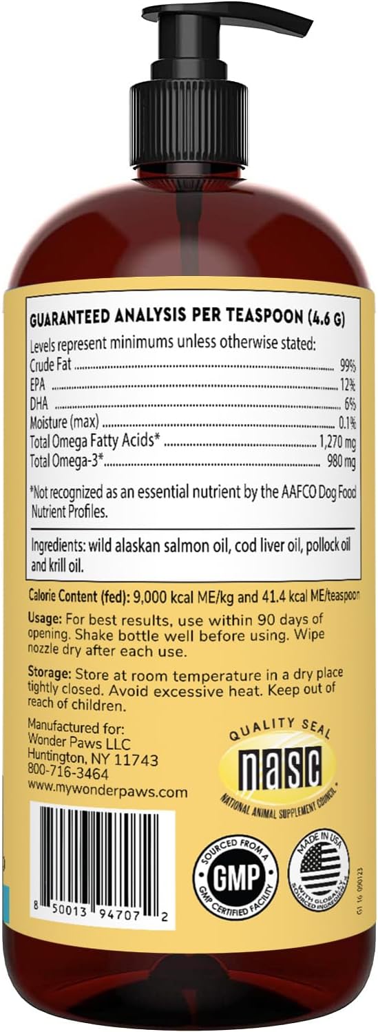 Aceite de pescado para perros - Omega 3 para perros de salmón, bacalao y krill de Alaska - Ácidos grasos EPA DHA - Menos desprendimiento y picazón - Salud de la piel, las articulaciones,