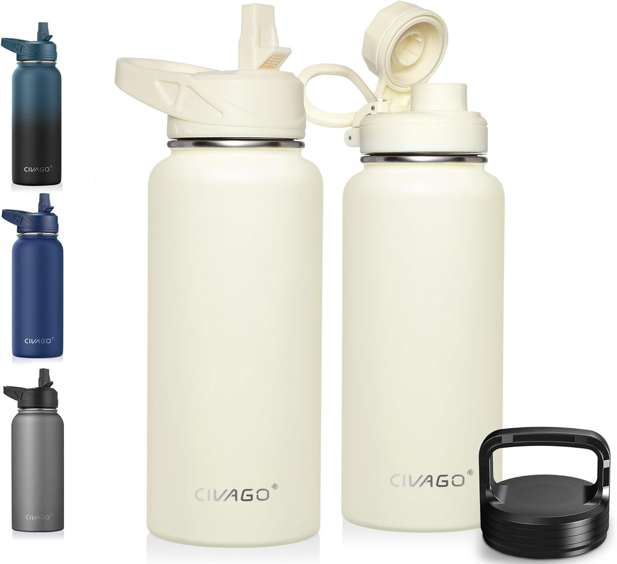 CIVAGO Botella de agua aislada de 32 onzas con pajilla, taza de agua deportiva de acero inoxidable con 3 tapas (pajilla, boquilla portátil y tapa de asa), taza térmica de viaje de doble pared, color