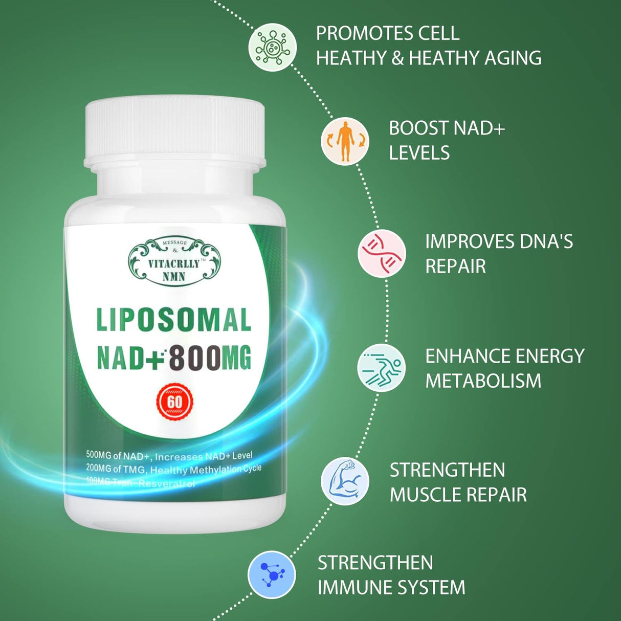 Suplemento Liposomal NAD+ Plus 800MG, Energía Celular y Antienvejecimiento