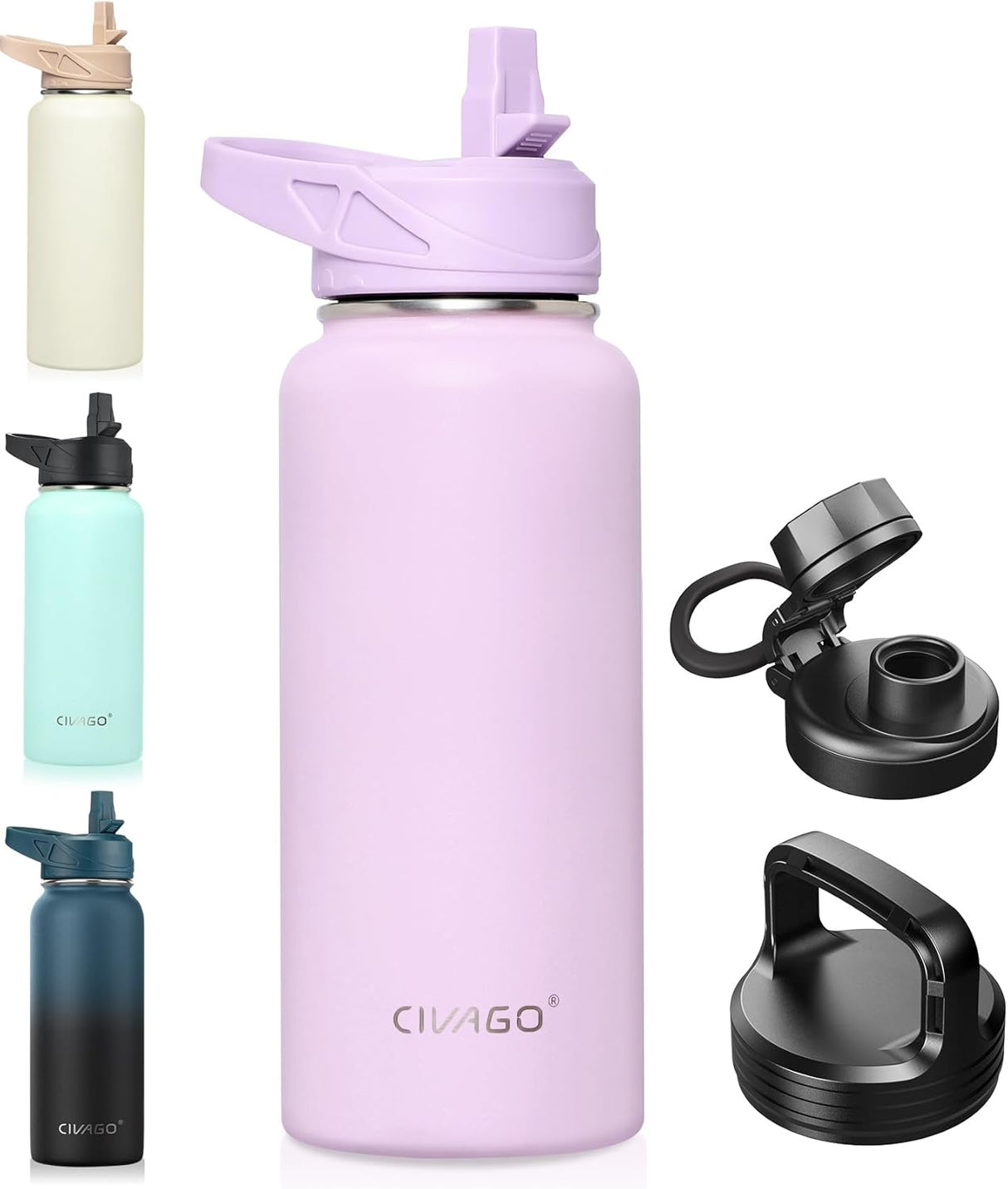CIVAGO Botella de agua aislada de 32 onzas con pajilla, botella de agua deportiva de acero inoxidable con 3 tapas (pajilla, boquilla y tapa de asa), taza térmica de viaje de boca ancha, lavanda