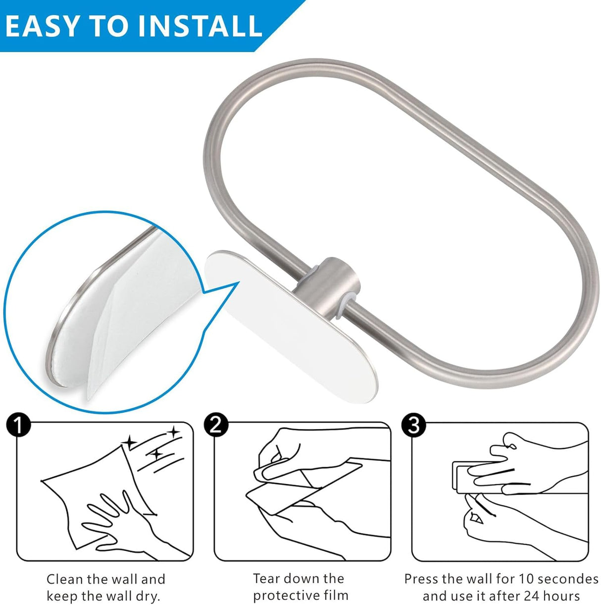 Anillo de Toalla Adhesivo, Acero Inoxidable, Montaje en Pared