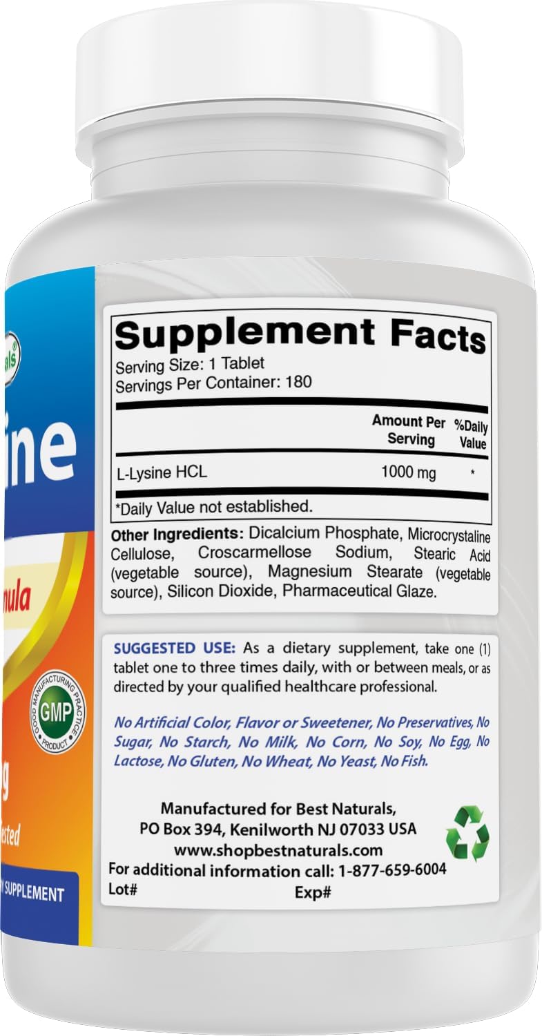 L-Lisina 1000mg 180 Tabletas - Best Naturals, Inmunidad y Herpes