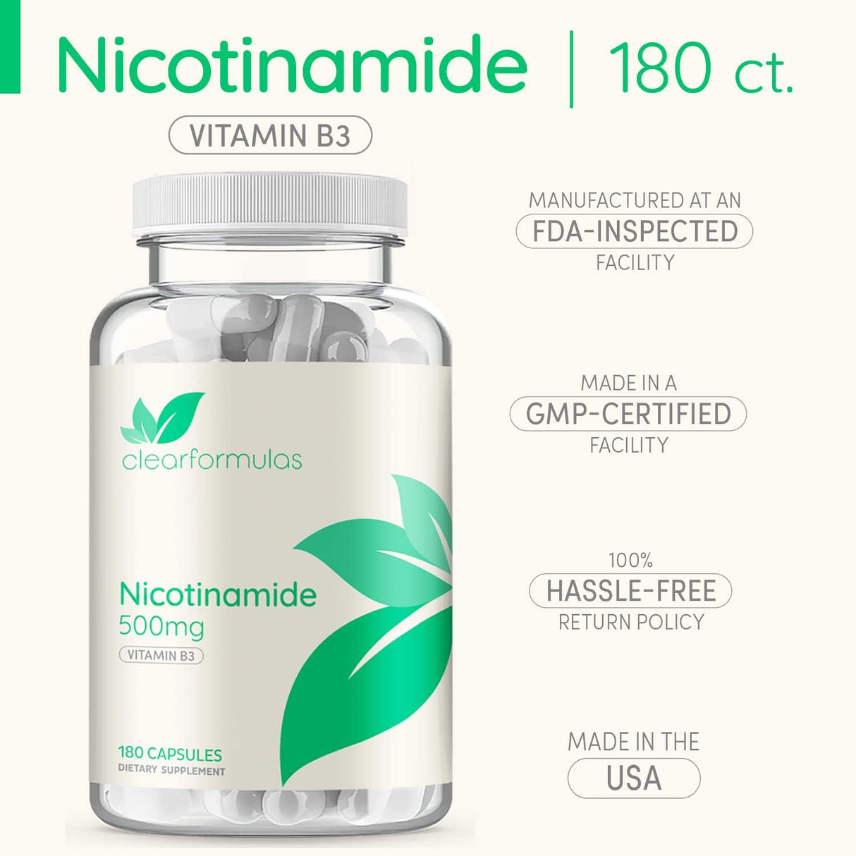 Suplemento Nicotinamida NAD Booster 500mg 180cáp Vitamina B3