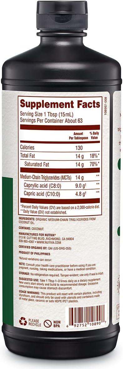 Aceite MCT Orgánico Nutiva, 32 Oz, Sin Sabor, Keto, Vegan