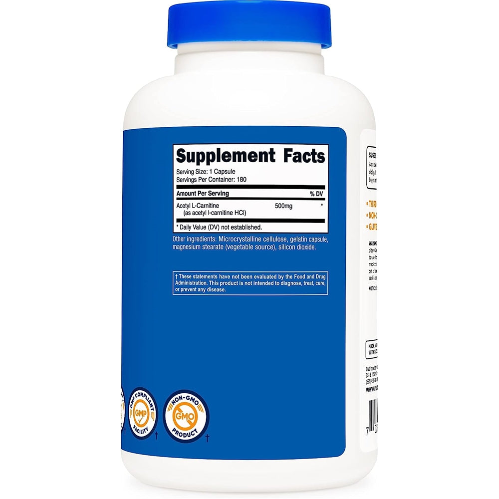 Suplementos Acetil L-carnitina 500 mg, 180 cápsulas Sin OMG