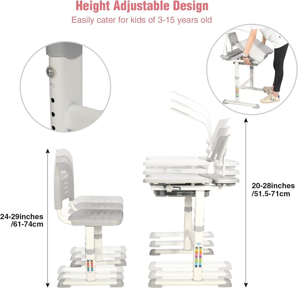Escritorio y Silla Infantiles Ajustables con Luz y Cajón
