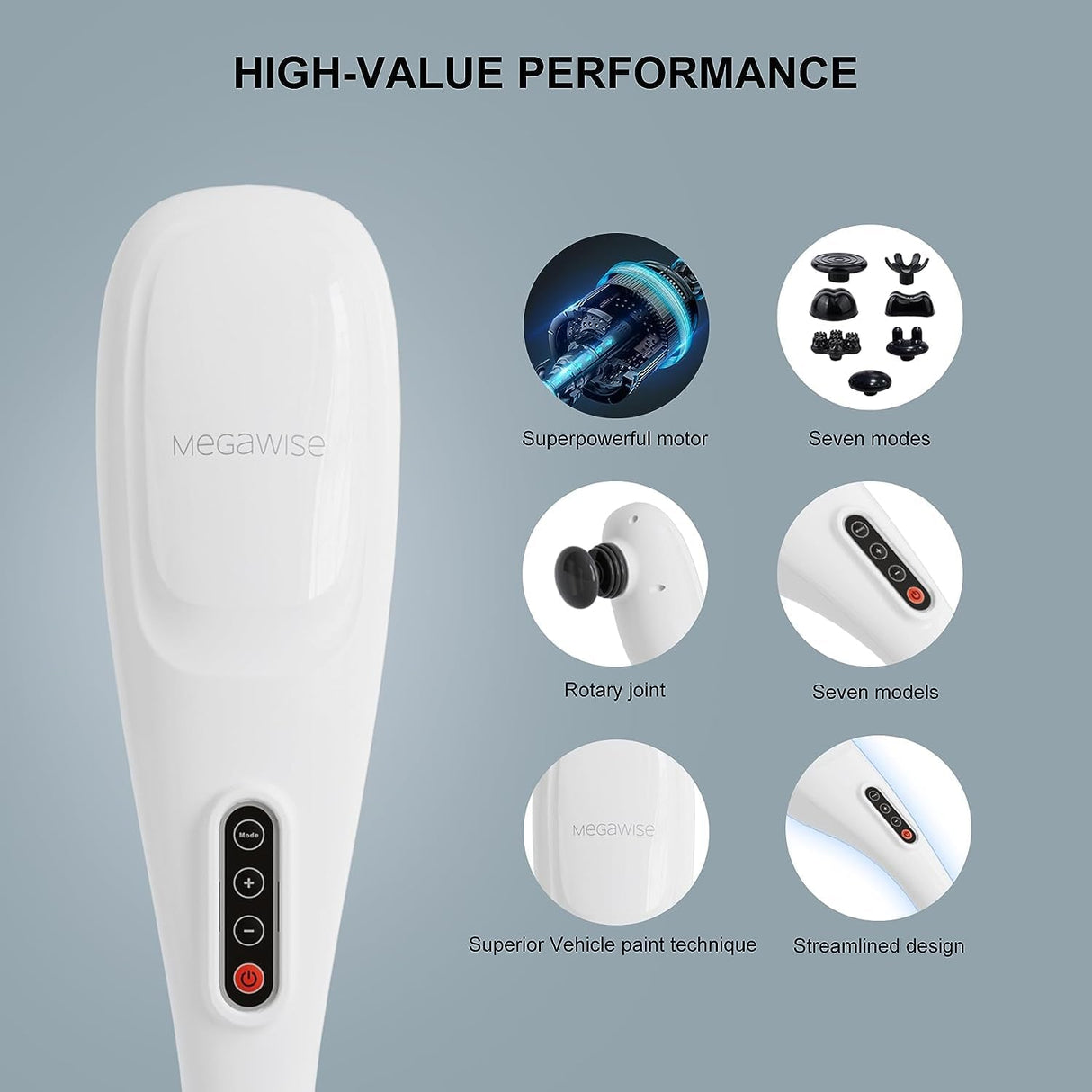 Masajeador Cordless MEGAWISE, 5 velocidades, 7 nodos, 3200mAh