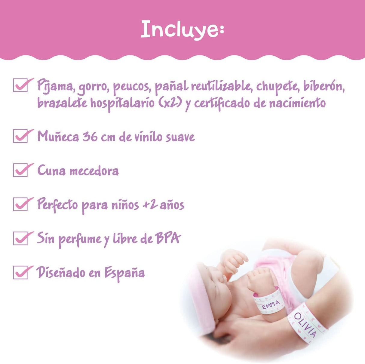 Muñeca Reborn de Vinilo con Accesorios y Cuna Rocking Crib