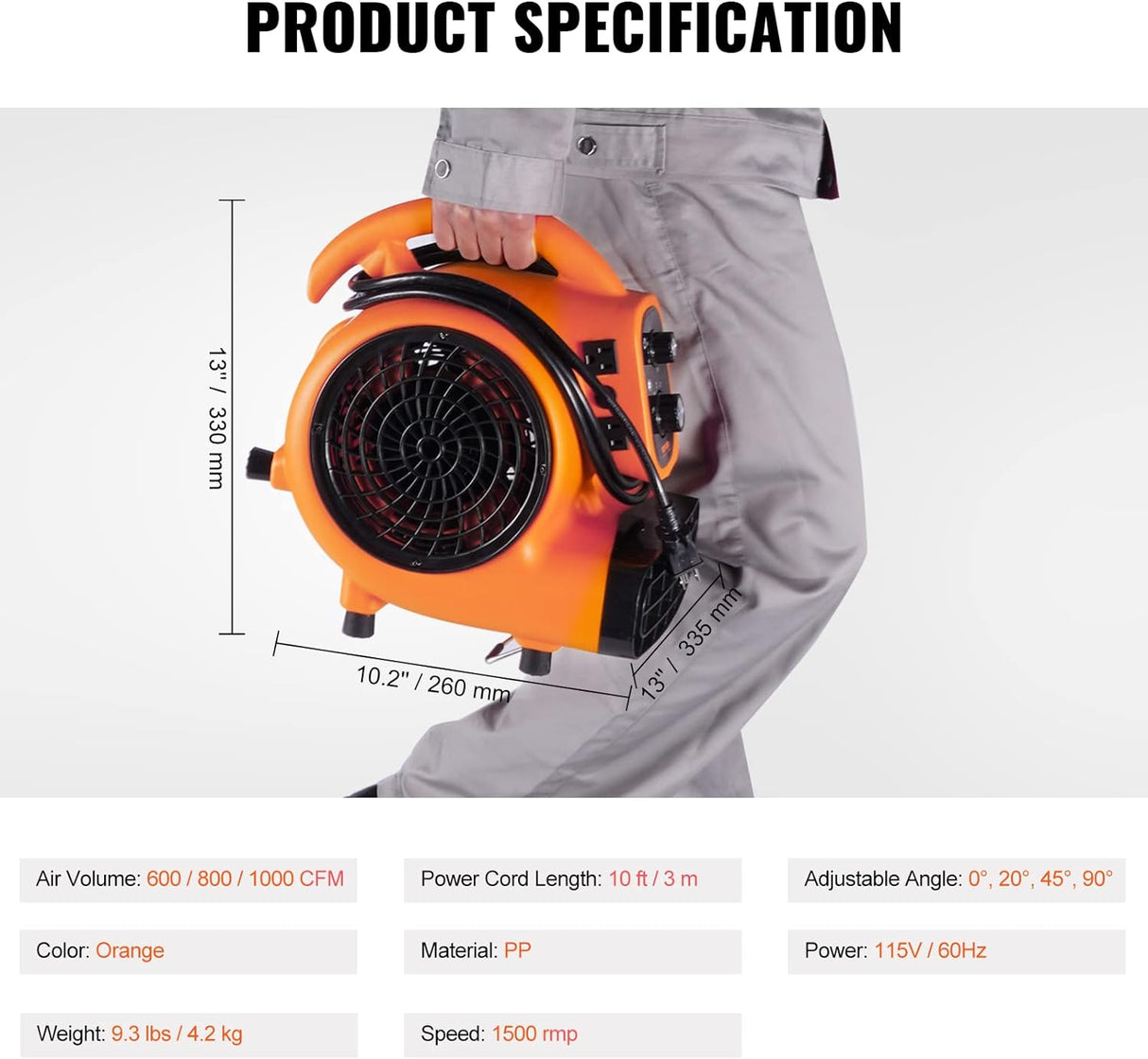 VEVOR Soplador de Aire 1/4 HP 1000 CFM, 4 Ángulos, Portátil