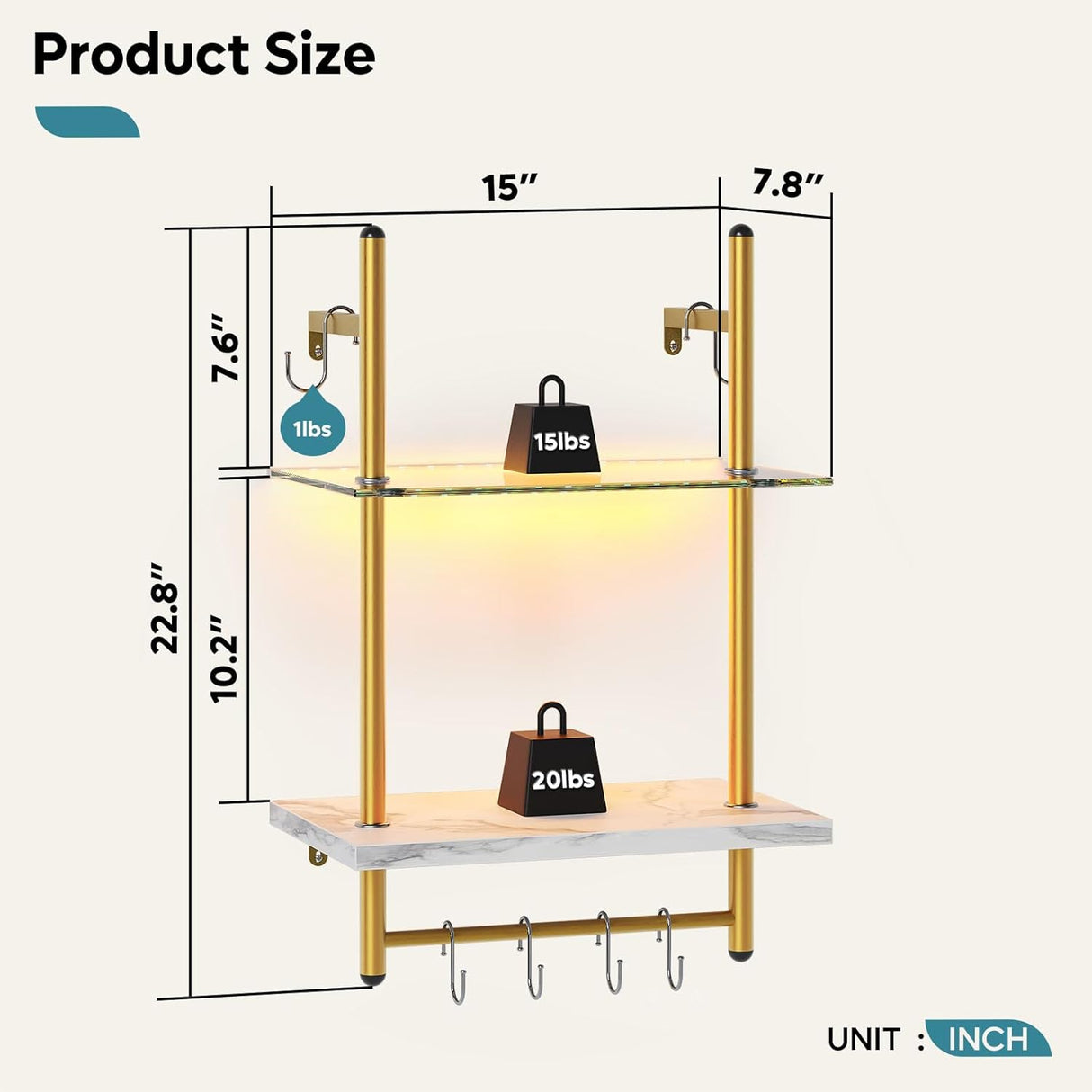Estantes Flotantes LED Bestier, 2 Niveles con Barra y Ganchos