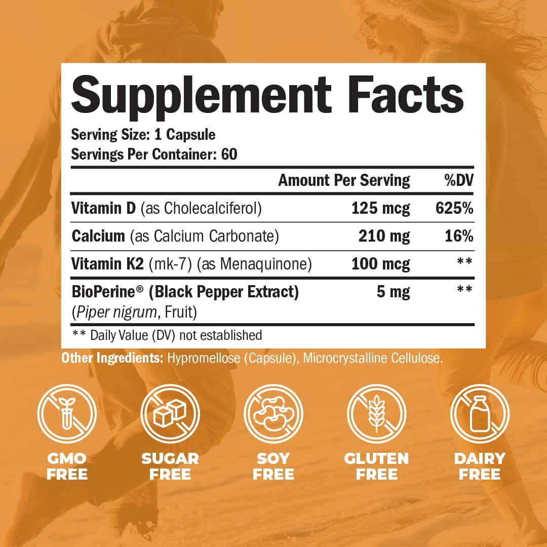 Suplemento de Vitamina D3, K2 y Calcio con BioPerine 60 cáp