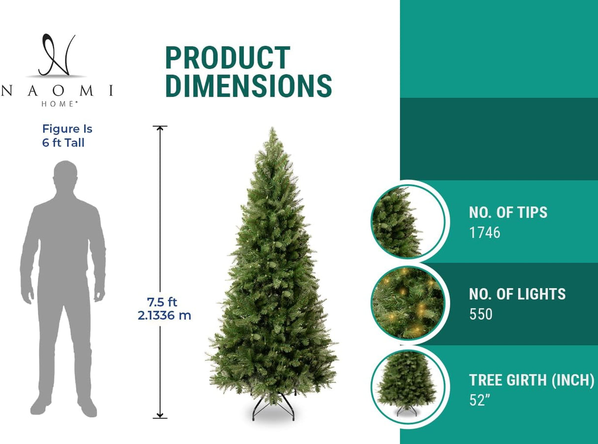 Árbol de Navidad Artificial 7.5ft con Luces y Soporte Metálico