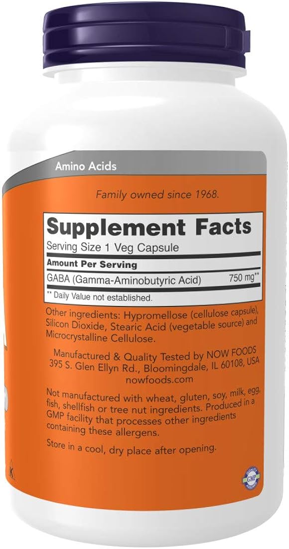 Suplemento Now GABA 750 mg 200 cápsulas vegetales