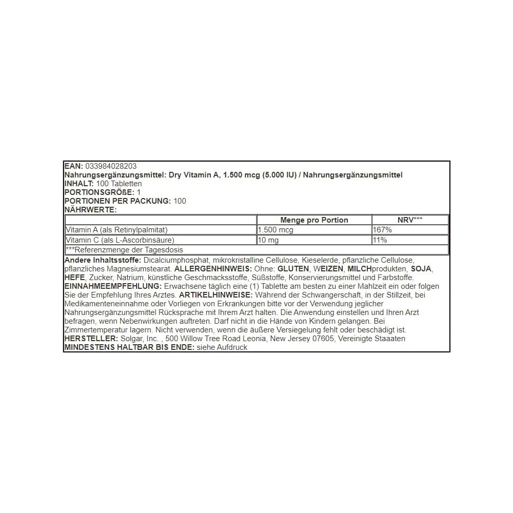 Suplementos Alimenticios de Vitamina A seca