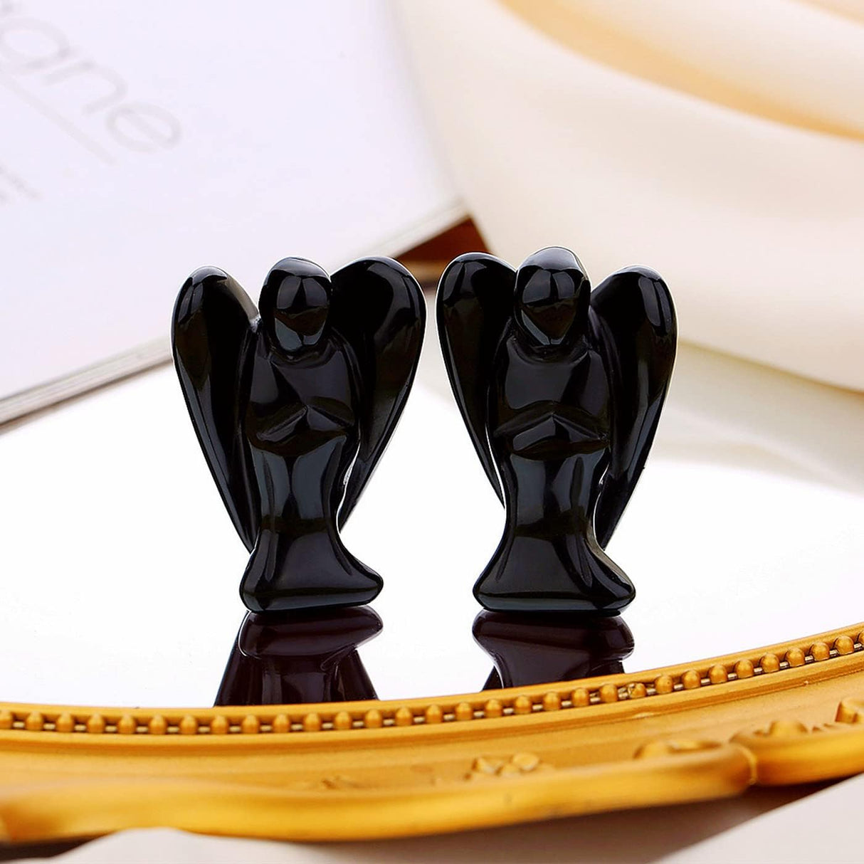 QINJIEJIE Cristales de ángel de obsidiana negra, decoración de ángel de la guarda de bolsillo curativo pulido, piedra preciosa tallada, estatua de ángel de la paz, regalo espiritual, protección para