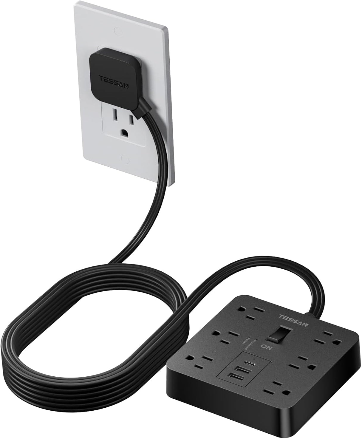 TESSAN – Regleta de alimentación con USB, cable de extensión con 6 salidas ampliamente espaciadas
