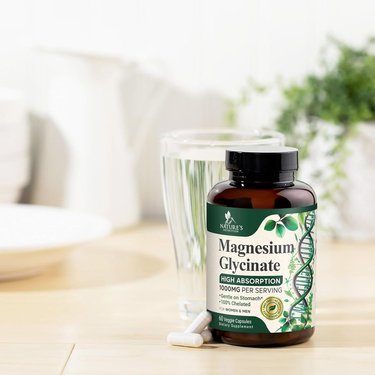 Magnesio Glicinato 1000mg, Apoyo para Huesos, Músculos, Nervios y Corazón, 60 Cápsulas