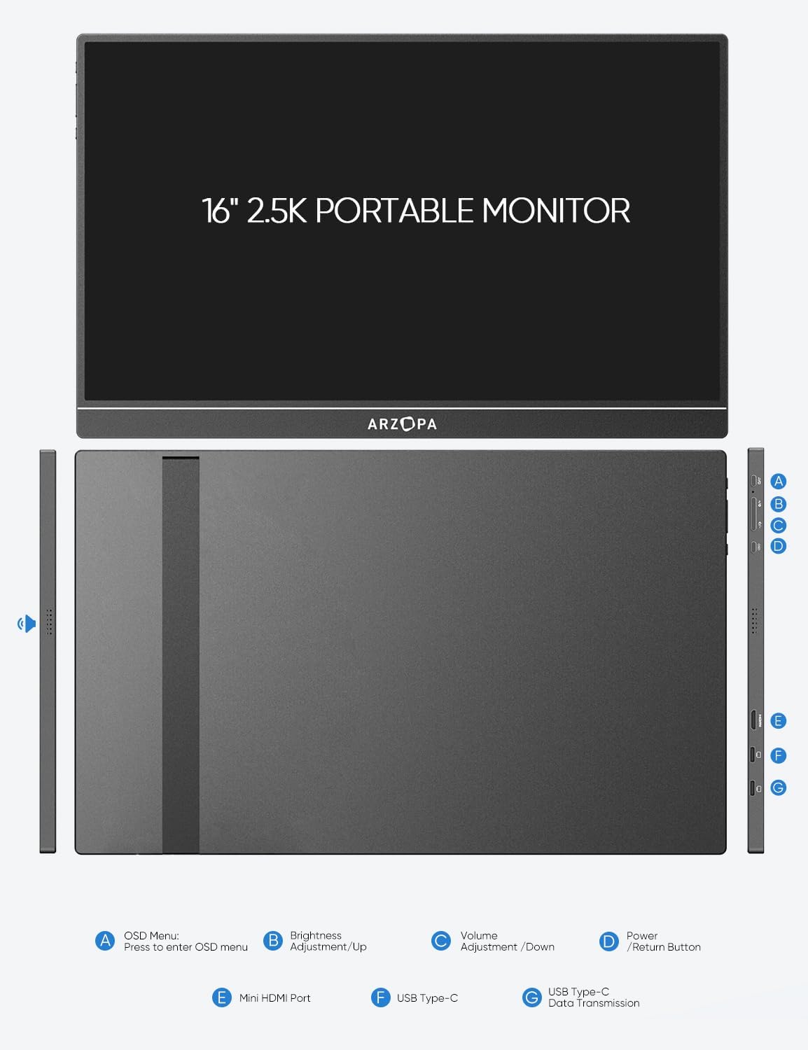 Monitor portátil ARZOPA 16 2.5K QHD, USB-C, HDMI - Z1RC