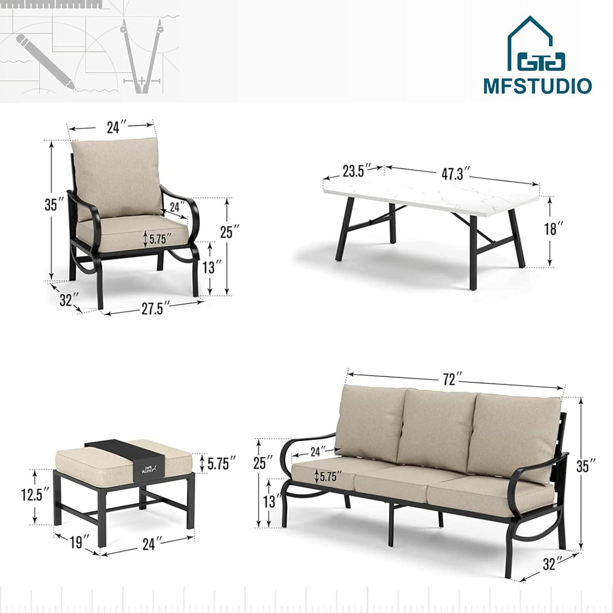 MFSTUDIO Juego de 6 piezas de conversación de patio (7 asientos), sofás de muebles de metal para exteriores con 1 sofá de 3 asientos, 2 sillas individuales, 2 otomanas y 1 mesa auxiliar, marco de hierro forjado con cojín beige