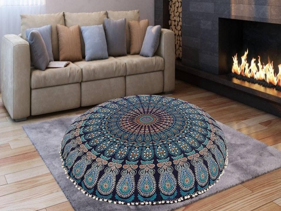 Funda bohemia para cojín, de 32 pulgadas, con diseño de mandala, para meditación, decorativa, otomana, grande, para exteriores, decoración del hogar, decoración de arte en el hogar, redonda, con pompones de algodón, cómoda