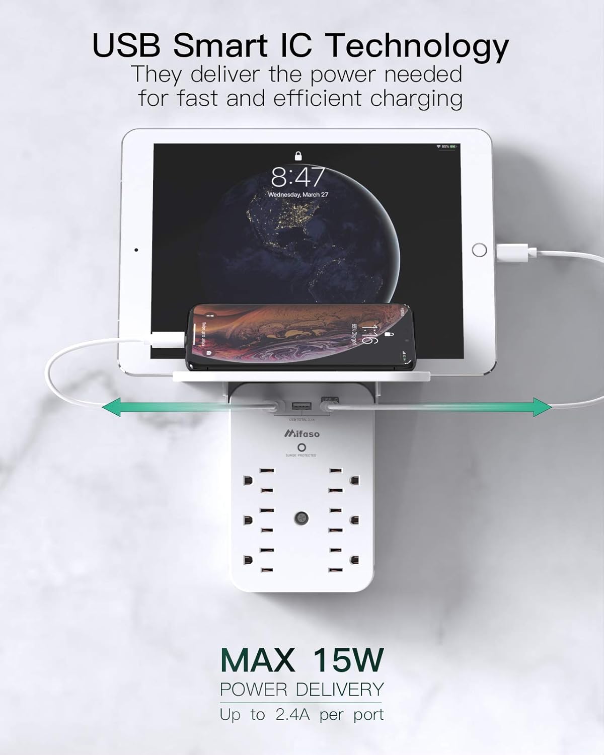 Extensor de toma de corriente de pared con protector de sobretensión, 6 salidas de CA, estante, 2 puertos de carga USB y USB C, expansor de enchufe para el hogar y el dormitorio