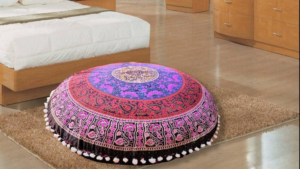 Funda bohemia para cojín, de 32 pulgadas, con diseño de mandala, para meditación, decorativa, otomana, grande, para exteriores, decoración del hogar, decoración de arte en el hogar, redonda, con pompones de algodón, cómoda