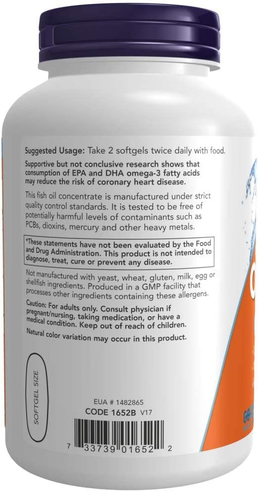 Suplementos Omega-3 NOW Foods, 180 EPA / 120 DHA, 200 Gelcaps