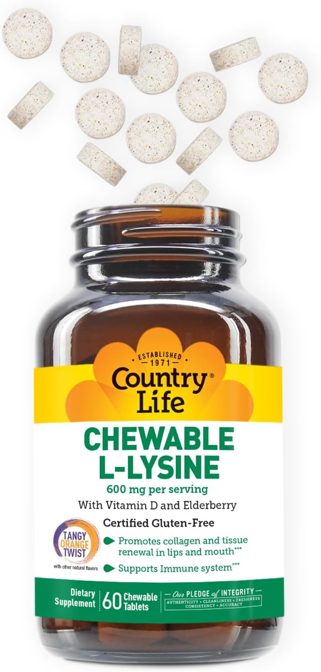 Suplemento L-Lisina Chewable Country Life, Inmunidad y Colágeno