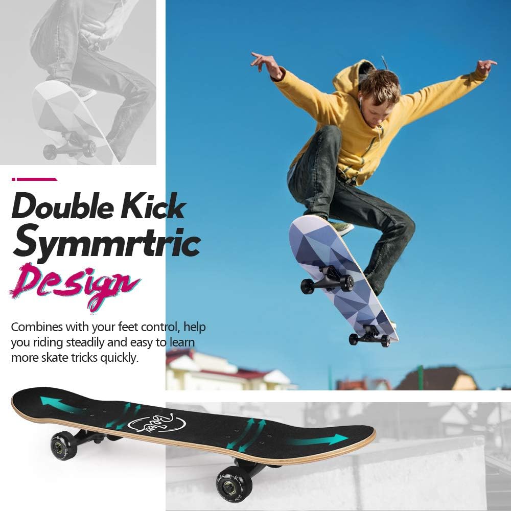 Patineta completa para principiantes, 31"x8", 7 capas, doble kick