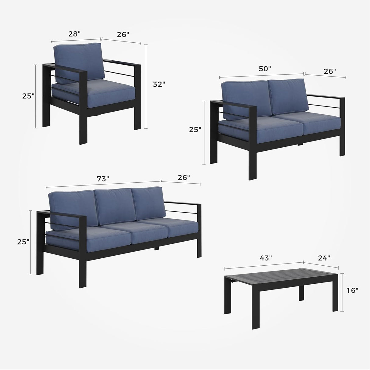 Solaste Juego de muebles de aluminio para patio, 5 piezas, moderno juego de conversación al aire libre, sofá seccional con cojín mejorado y mesa auxiliar, marco negro y cojín azul