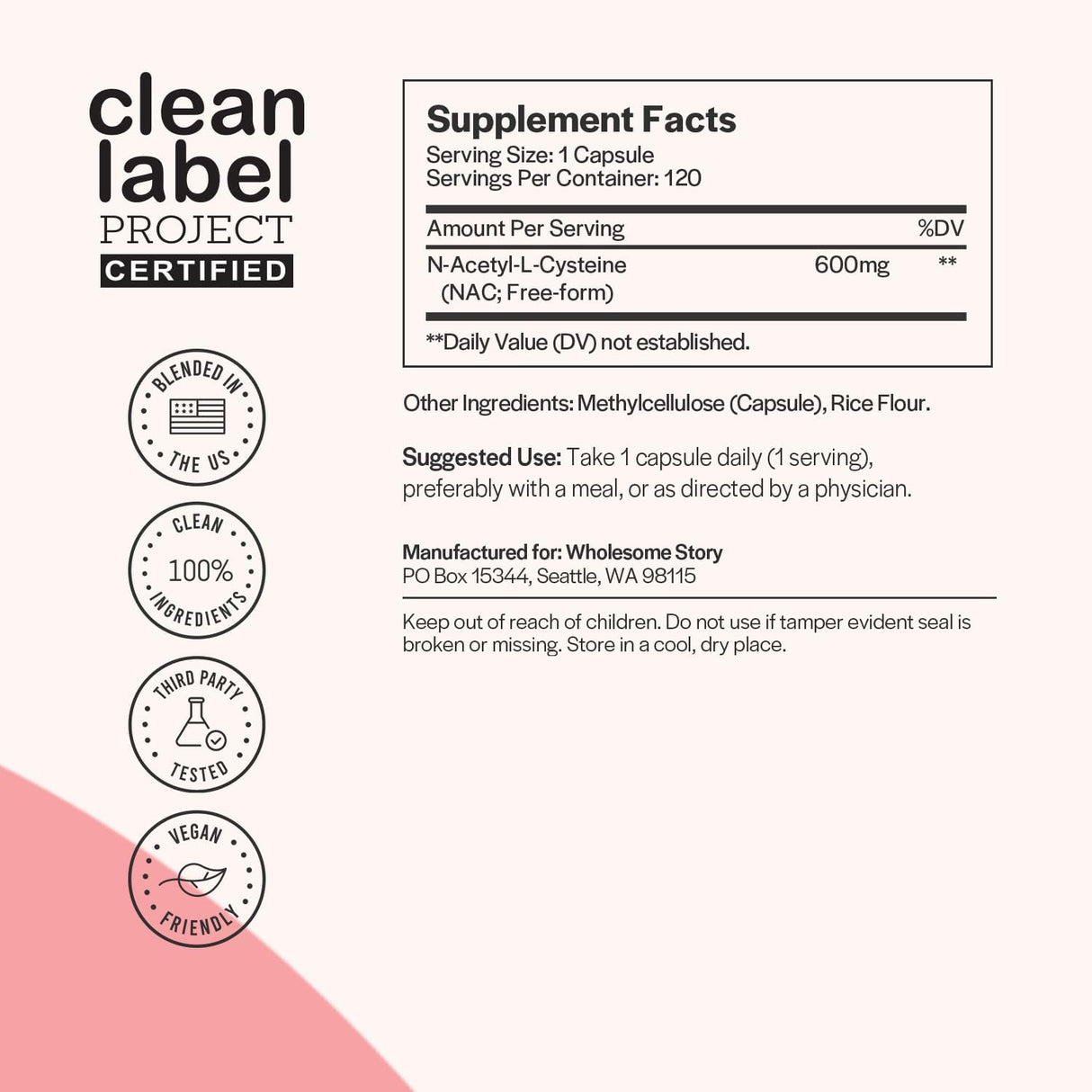 Suplemento NAC Wholesome Story 600 mg | Soporte Salud 120 Caps