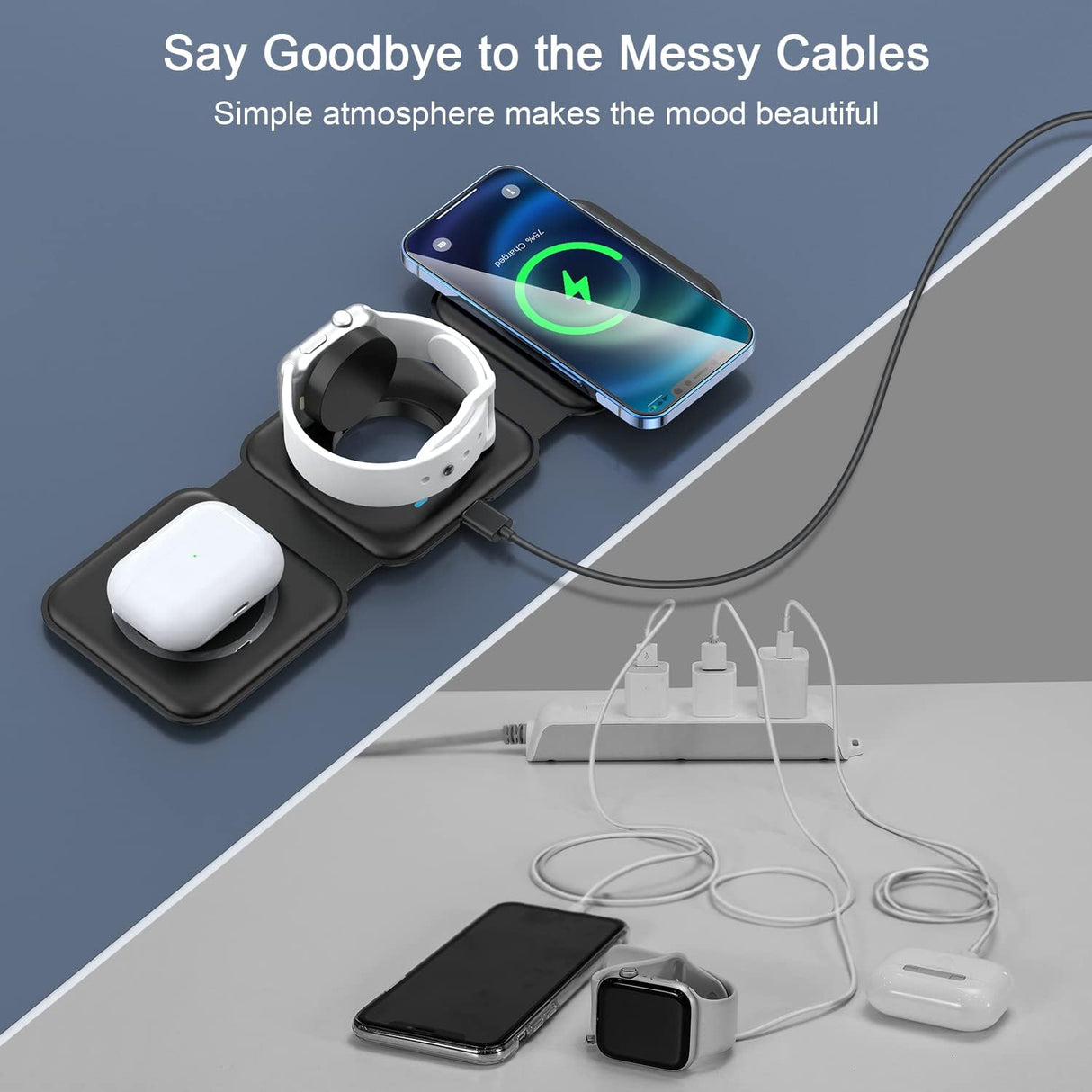 Cargador inalámbrico 3 en 1 de viaje para dispositivos